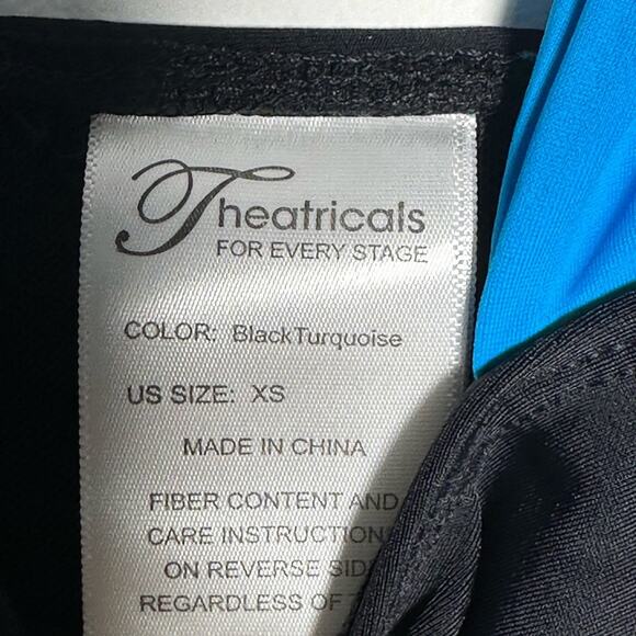 Theatricals Black Turquoise 2PC Dance Set Crop Top and Bike Shorts Adult XS NWT - Picture 7 of 11